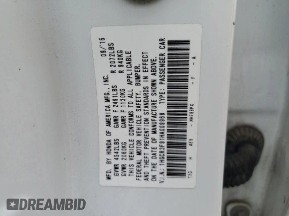 2017 Honda Accord Touring with VIN 1HGCR3F91HA009968, listed as a Copart auction lot 55858414 with 133,083 mi miles and Salvage title. Bid and sale history available at DreamBid. Image 12.