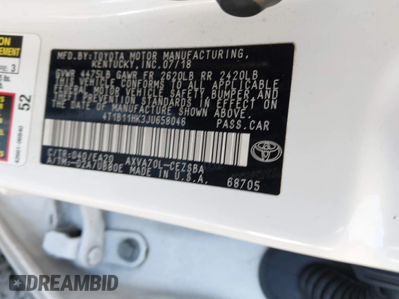 2018 Toyota Camry LE with VIN 4T1B11HK3JU658046, listed as a IAAI auction lot 41222583 with 325,249 mi miles. Bid and sale history available at carsss.com. Image 9.