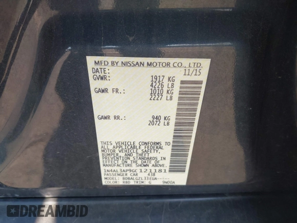 2016 Nissan Altima S z VIN 1N4AL3AP9GC121181, wystawiony jako IAAI lot #42227421 z przebiegiem 135 545 mil mil oraz . Historia ofert i sprzedaży dostępna na DreamBid. Obrazek 9.