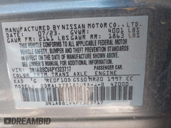 2023 Nissan Sentra SV with VIN 3N1AB8CV4PY323717, listed as a IAAI auction lot 42061629 with Not Provided miles. Bid and sale history available at carsss.com. Image 9.