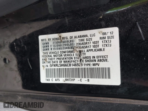 2012 Honda Odyssey EX-L с VIN 5FNRL5H66CB146929, выставлен на аукционе IAAI как лот 42352367 с пробегом 241 947 миль миль и . История ставок и продаж доступна на DreamBid. Изображение 9.