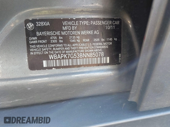 2011 BMW 3 Series 328i xDrive with VIN WBAPK7G53BNN85078, listed as a IAAI auction lot 41705410 with 142,695 mi miles and . Bid and sale history available at carsss.com. Image 9.