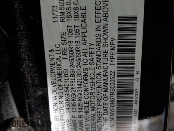 2024 Honda Passport TrailSport z VIN 5FNYF8H67RB000522, wystawiony jako Copart lot #45747505 z przebiegiem 28 103 mil mil oraz Szkoda całkowita • Salvage title. Historia ofert i sprzedaży dostępna na DreamBid. Obrazek 13.