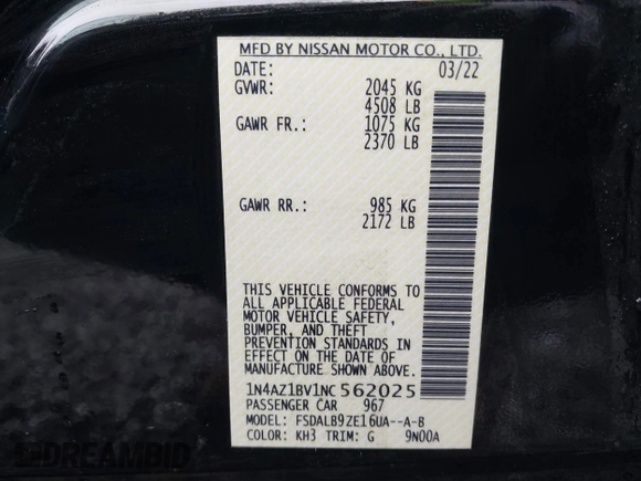 2022 Nissan LEAF S with VIN 1N4AZ1BV1NC562025, listed as a IAAI auction lot 41355907 with 26,350 mi miles and . Bid and sale history available at DreamBid. Image 9.