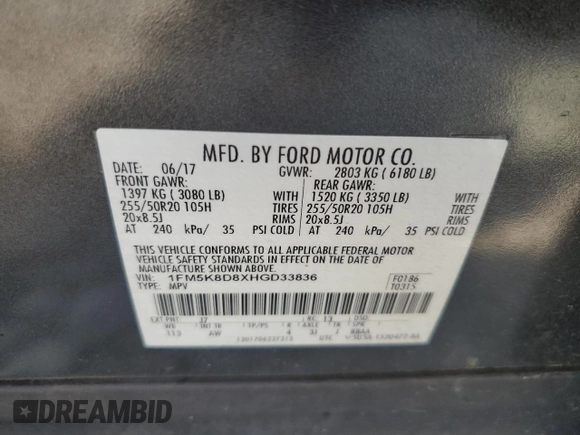 2017 Ford Explorer XLT с VIN 1FM5K8D8XHGD33836, выставлен на аукционе Copart как лот 57599405 с пробегом 125 215 миль миль и Списание • Salvage title. История ставок и продаж доступна на DreamBid. Изображение 13.