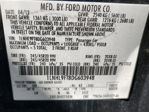 2013 Lincoln MKS EcoBoost with VIN 1LNHL9FT8DG603948, listed as a Copart auction lot 49908455 with 133,493 mi miles and Salvage title. Bid and sale history available at DreamBid. Image 13.