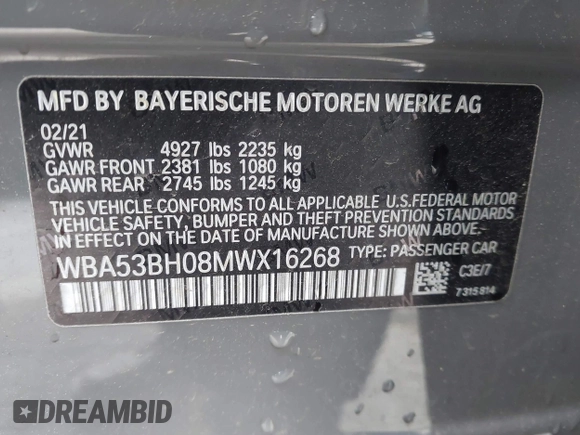 2021 BMW 5 Series 530i with VIN WBA53BH08MWX16268, listed as a IAAI auction lot 42065485 with 42,659 mi miles and . Bid and sale history available at DreamBid. Image 9.
