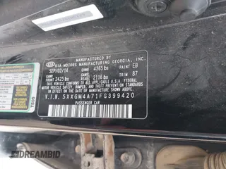 2015 Kia Optima LX with VIN 5XXGM4A71FG399420, listed as a IAAI auction lot 41928688 with 163,440 mi miles. Bid and sale history available at carsss.com. Image 9.