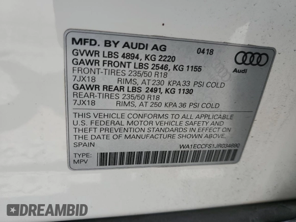 2018 Audi Q3 Premium with VIN WA1ECCFS1JR034690, listed as a Copart auction lot 55047735 with 73,488 mi miles and Salvage title. Bid and sale history available at DreamBid. Image 14.