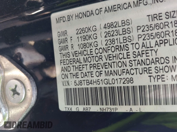 2016 Acura RDX Tech Pkg with VIN 5J8TB4H51GL017298, listed as a IAAI auction lot 41988412 with 147,725 mi miles. Bid and sale history available at carsss.com. Image 9.