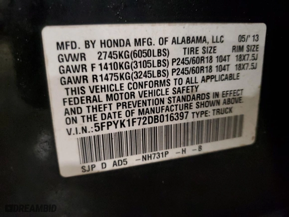 2013 Honda Ridgeline Sport with VIN 5FPYK1F72DB016397, listed as a Copart auction lot 87428034 with 122,717 mi miles and Non Repairable. Bid and sale history available at carsss.com. Image 13.