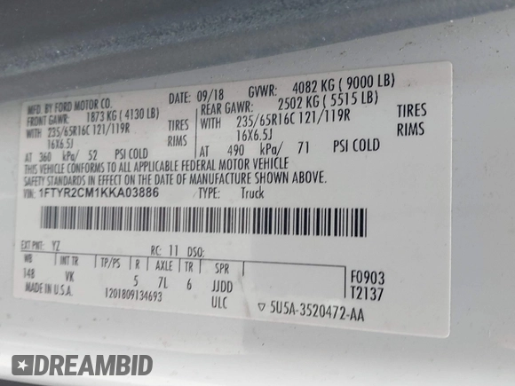 2019 Ford Transit with VIN 1FTYR2CM1KKA03886, listed as a IAAI auction lot 42060822 with 140,305 mi miles. Bid and sale history available at carsss.com. Image 9.