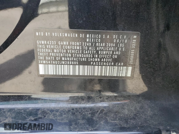 2018 Volkswagen GTI S z VIN 3VW547AU2JM288605, wystawiony jako Copart lot #53961235 z przebiegiem 121 304 mil mil oraz Szkoda całkowita • Salvage title. Historia ofert i sprzedaży dostępna na DreamBid. Obrazek 12.