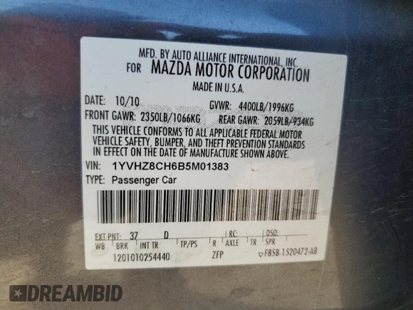 2011 Mazda 6 i Grand Touring with VIN 1YVHZ8CH6B5M01383, listed as a Copart auction lot 43932865 with 152,917 mi miles and Salvage Title. Bid and sale history available at DreamBid. Image 14.
