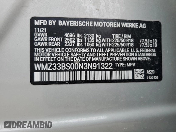 2022 MINI Countryman John Cooper Works with VIN WMZ33BS00N3N91322, listed as a Copart auction lot 59467765 with 43,726 mi miles and Salvage title. Bid and sale history available at DreamBid. Image 13.