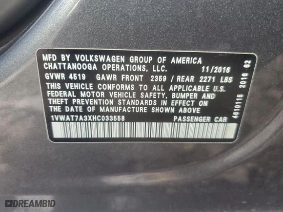 2017 Volkswagen Passat 1.8T S with VIN 1VWAT7A3XHC033558, listed as a Copart auction lot 42109905 with 140,204 mi miles and Salvage Title. Bid and sale history available at carsss.com. Image 12.