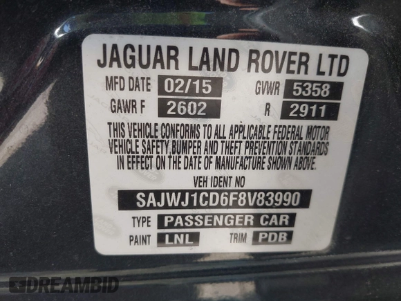 2015 Jaguar XJ R-Sport with VIN SAJWJ1CD6F8V83990, listed as a IAAI auction lot 41936162 with Not Provided miles and . Bid and sale history available at DreamBid. Image 9.
