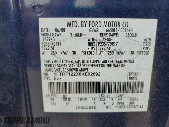 2008 Ford F-150 XL with VIN 1FTRF122X8KE92692, listed as a Copart auction lot 62864245 with 125,104 mi miles and Clean title. Bid and sale history available at DreamBid. Image 12.