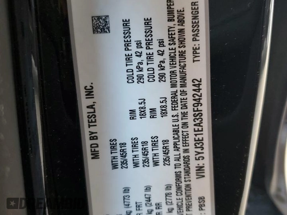 2025 Tesla Model 3 Long Range with VIN 5YJ3E1EA3SF942442, listed as a Copart auction lot 57716185 with Not provided miles and Non repairable. Bid and sale history available at DreamBid. Image 12.