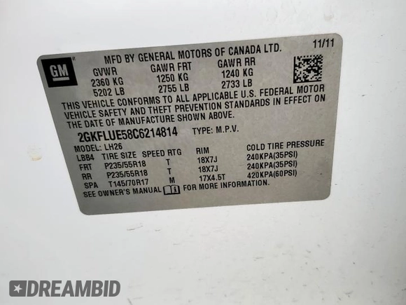 2012 GMC Terrain SLT-1 with VIN 2GKFLUE58C6214814, listed as a Copart auction lot 60923785 with 173,396 mi miles and Salvage title. Bid and sale history available at DreamBid. Image 13.
