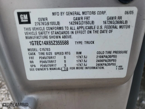2005 GMC Sierra 1500 Work Truck with VIN 1GTEC14X65Z355588, listed as a Copart auction lot 53740904 with 190,429 mi miles and Non Repairable. Bid and sale history available at carsss.com. Image 13.