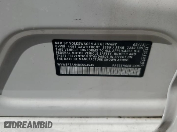 2013 Volkswagen CC Sport with VIN WVWBP7AN4DE554545, listed as a Copart auction lot 73850954 with 0 mi miles and Salvage Title. Bid and sale history available at carsss.com. Image 13.