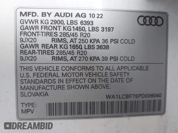 2023 Audi Q7 Premium Plus with VIN WA1LCBF75PD006040, listed as a IAAI auction lot 42478728 with 29,457 mi miles and . Bid and sale history available at DreamBid. Image 9.