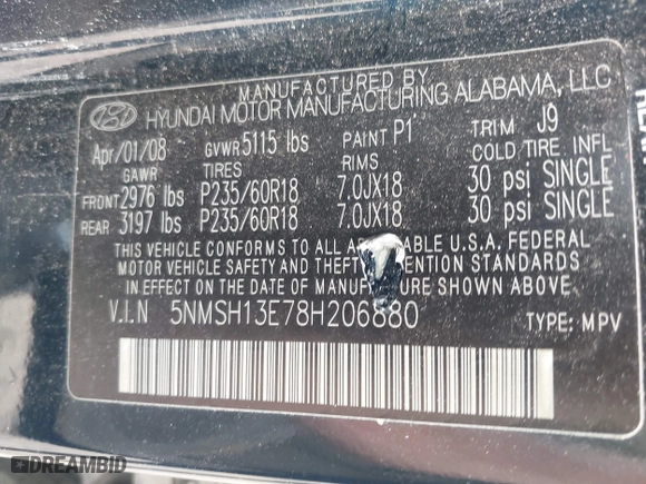 2008 Hyundai Santa Fe SE with VIN 5NMSH13E78H206880, listed as a IAAI auction lot 42036580 with 215,076 mi miles. Bid and sale history available at carsss.com. Image 9.