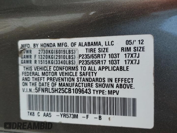 2012 Honda Odyssey LX with VIN 5FNRL5H25CB109643, listed as a Copart auction lot 55951805 with 128,341 mi miles and Clean Title. Bid and sale history available at carsss.com. Image 13.