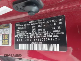2012 Kia Optima SX z VIN 5XXGR4A61CG064923, wystawiony jako IAAI lot #42197209 z przebiegiem Nie podano mil oraz . Historia ofert i sprzedaży dostępna na DreamBid. Obrazek 9.