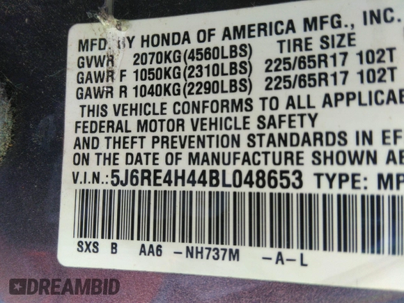 2011 Honda CR-V SE with VIN 5J6RE4H44BL048653, listed as a IAAI auction lot 41546504 with 208,297 mi miles. Bid and sale history available at carsss.com. Image 9.