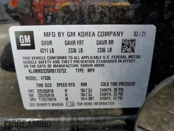 2021 Buick Encore GX Select with VIN KL4MMDS26MB170752, listed as a Copart auction lot 58847145 with 26,631 mi miles and Salvage title. Bid and sale history available at DreamBid. Image 13.