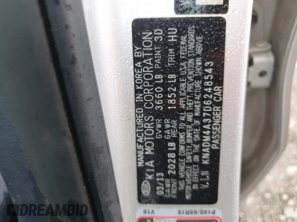 2013 Kia Rio LX with VIN KNADM4A37D6248543, listed as a Copart auction lot 51746435 with 73,501 mi miles and Salvage Title. Bid and sale history available at carsss.com. Image 12.