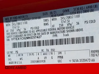2021 Ford F-150 XL with VIN 1FTEX1C82MKE57427, listed as a IAAI auction lot 42149679 with 52,014 mi miles and . Bid and sale history available at DreamBid. Image 9.