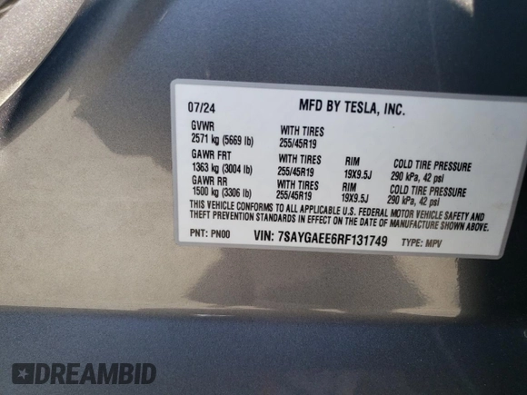 2024 Tesla Model Y Long Range с VIN 7SAYGAEE6RF131749, выставлен на аукционе Copart как лот 74548014 с пробегом 1 042 миль миль и Списание • Salvage title. История ставок и продаж доступна на DreamBid. Изображение 14.