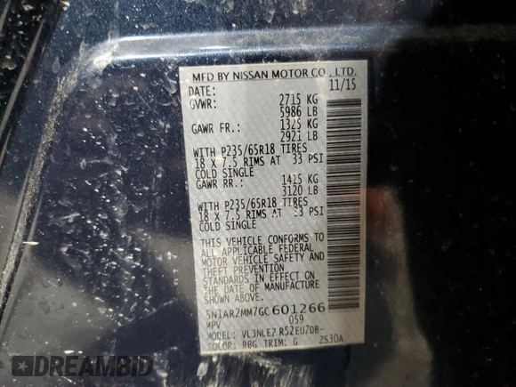2016 Nissan Pathfinder Platinum with VIN 5N1AR2MM7GC601266, listed as a Copart auction lot 54527615 with 178,046 mi miles and Salvage Title. Bid and sale history available at carsss.com. Image 13.