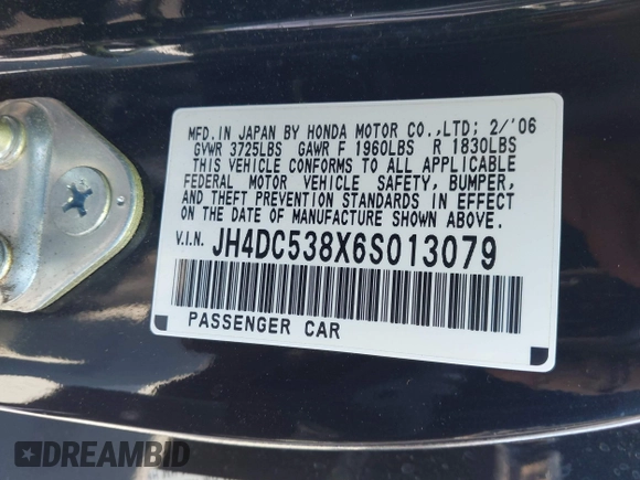 2006 Acura RSX with VIN JH4DC538X6S013079, listed as a IAAI auction lot 42333520 with 209,679 mi miles and . Bid and sale history available at DreamBid. Image 9.
