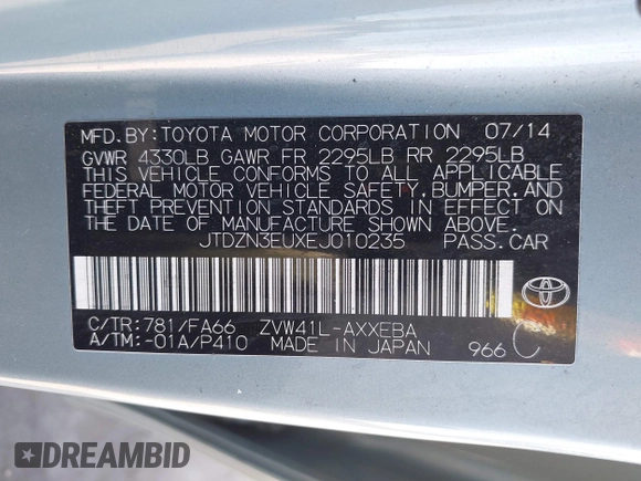 2014 Toyota Prius Two with VIN JTDZN3EUXEJ010235, listed as a IAAI auction lot 41859160 with 104,410 mi miles and . Bid and sale history available at DreamBid. Image 9.