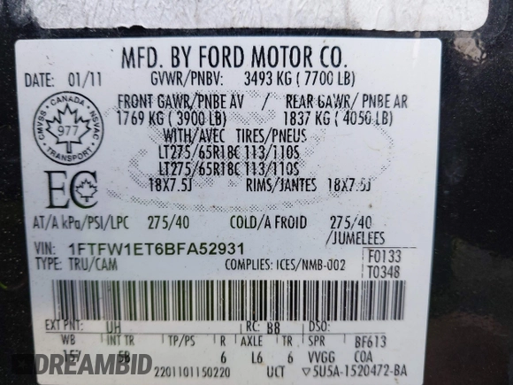 2011 Ford F-150 XLT with VIN 1FTFW1ET6BFA52931, listed as a IAAI auction lot 42832457 with Not provided miles and . Bid and sale history available at DreamBid. Image 9.