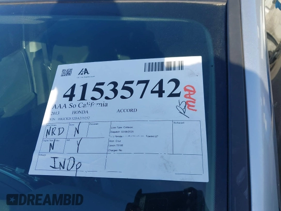 2013 Honda Accord LX z VIN 1HGCR2F32DA215252, wystawiony jako IAAI lot #41535742 z przebiegiem Nie podano mil oraz . Historia ofert i sprzedaży dostępna na DreamBid. Obrazek 15.
