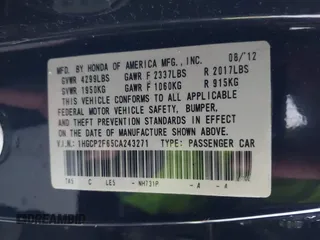 2012 Honda Accord SE z VIN 1HGCP2F65CA243271, wystawiony jako IAAI lot #41572504 z przebiegiem 117 228 mil mil oraz . Historia ofert i sprzedaży dostępna na DreamBid. Obrazek 9.