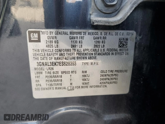 2014 Chevrolet Captiva Sport LT with VIN 3GNAL3EK7ES628393, listed as a Copart auction lot 77992784 with 124,134 mi miles and Clean Title. Bid and sale history available at DreamBid. Image 13.