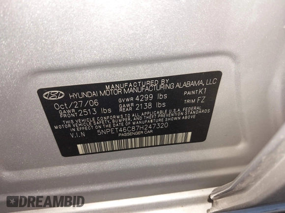 2007 Hyundai Sonata GLS with VIN 5NPET46C87H247320, listed as a IAAI auction lot 41870139 with 121,412 mi miles and . Bid and sale history available at DreamBid. Image 9.