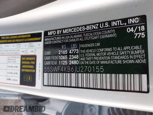 2018 Mercedes-Benz C 300 with VIN 55SWF4KB6JU270155, listed as a IAAI auction lot 41615411 with 57,495 mi miles and . Bid and sale history available at carsss.com. Image 9.