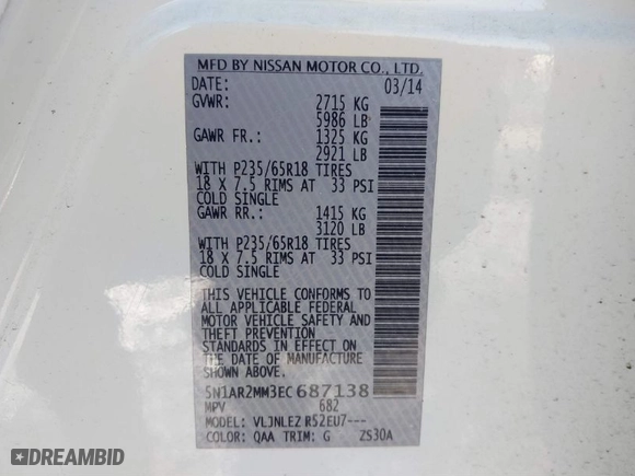 2014 Nissan Pathfinder SL with VIN 5N1AR2MM3EC687138, listed as a IAAI auction lot 41386564 with 124,544 mi miles. Bid and sale history available at carsss.com. Image 9.