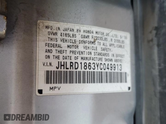 2000 Honda CR-V EX z VIN JHLRD1863YC049913, wystawiony jako Copart lot #57705385 z przebiegiem 269 412 mil mil oraz Szkoda całkowita • Salvage title. Historia ofert i sprzedaży dostępna na DreamBid. Obrazek 13.