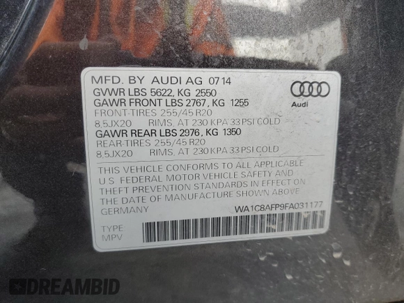 2015 Audi Q5 Hybrid Prestige with VIN WA1C8AFP9FA031177, listed as a Copart auction lot 76412954 with 85,254 mi miles and Salvage title. Bid and sale history available at DreamBid. Image 13.