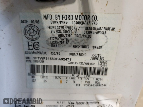 2009 Ford F-350 XL с VIN 1FTWF31589EA02471, выставлен на аукционе Copart как лот 42754885 с пробегом 255 155 миль миль и На запчасти • Non repairable. История ставок и продаж доступна на DreamBid. Изображение 13.