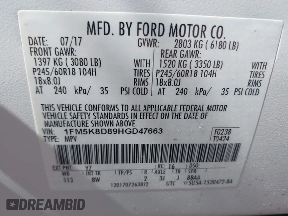 2017 Ford Explorer XLT with VIN 1FM5K8D89HGD47663, listed as a IAAI auction lot 40320242 with 75,548 mi miles and . Bid and sale history available at DreamBid. Image 9.