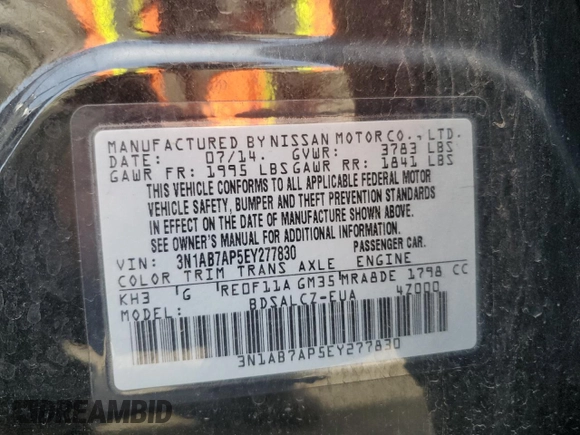 2014 Nissan Sentra SR with VIN 3N1AB7AP5EY277830, listed as a Copart auction lot 52633165 with 125,267 mi miles and Salvage Title. Bid and sale history available at DreamBid. Image 12.